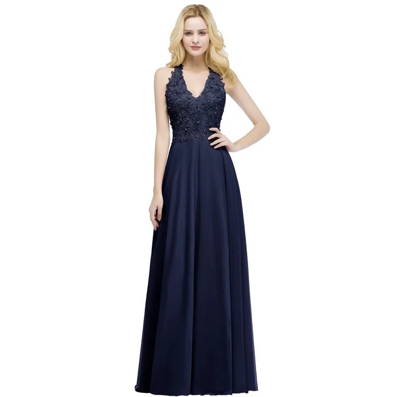 Navy Blue Pearls Applique V - Neck Sleeveless Chiffon Long Bridesmaid Dress 2