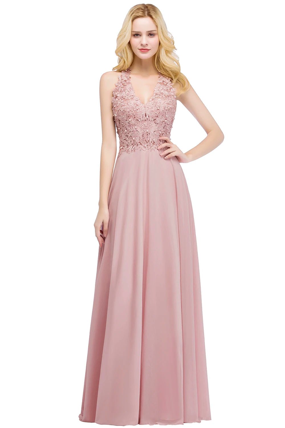 Pink Pearls Applique V - Neck Sleeveless Chiffon Long Bridesmaid Dress 2