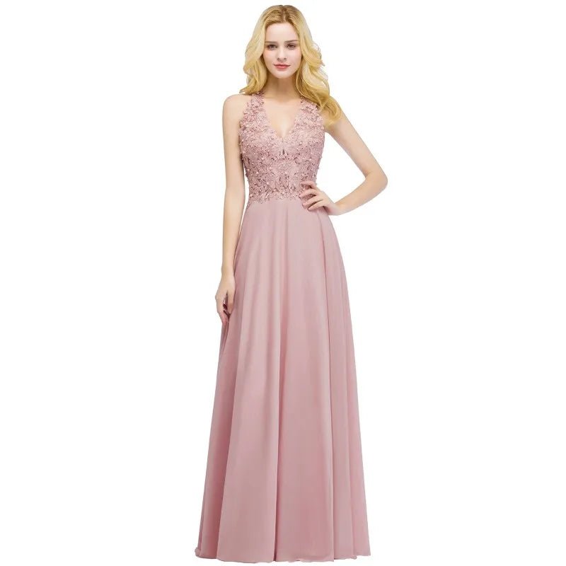 Dusty Pink Pearls Applique V - Neck Sleeveless Chiffon Long Bridesmaid Dress 2