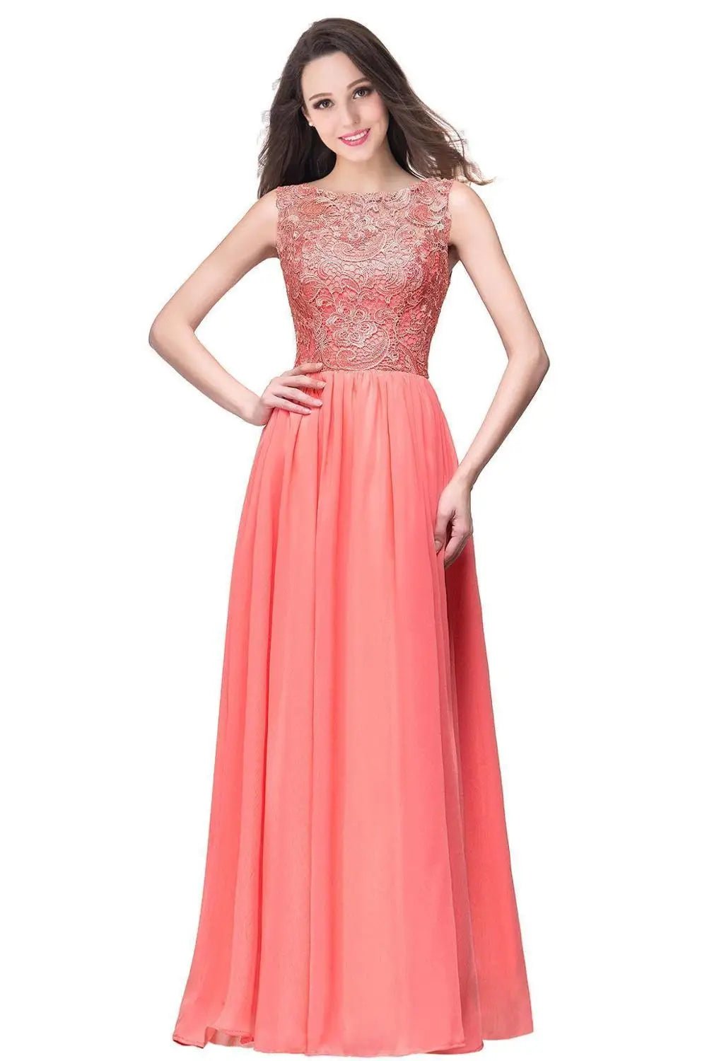 Coral Plus Size Backless A - line Long Bridesmaid Dresses 2