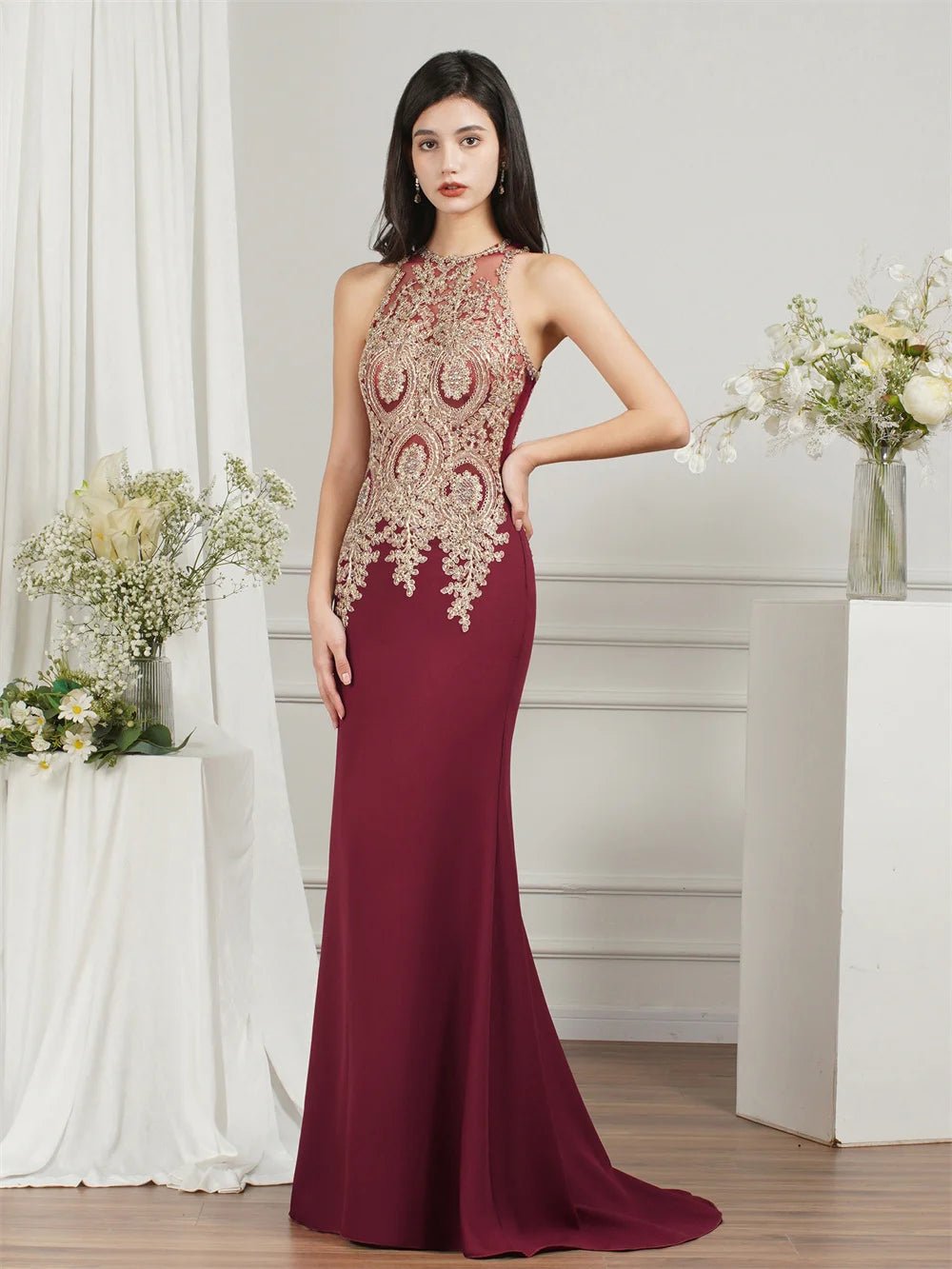 Burgundy Plus Size Lace Embroidered Mermaid Bridesmaid Dress 2