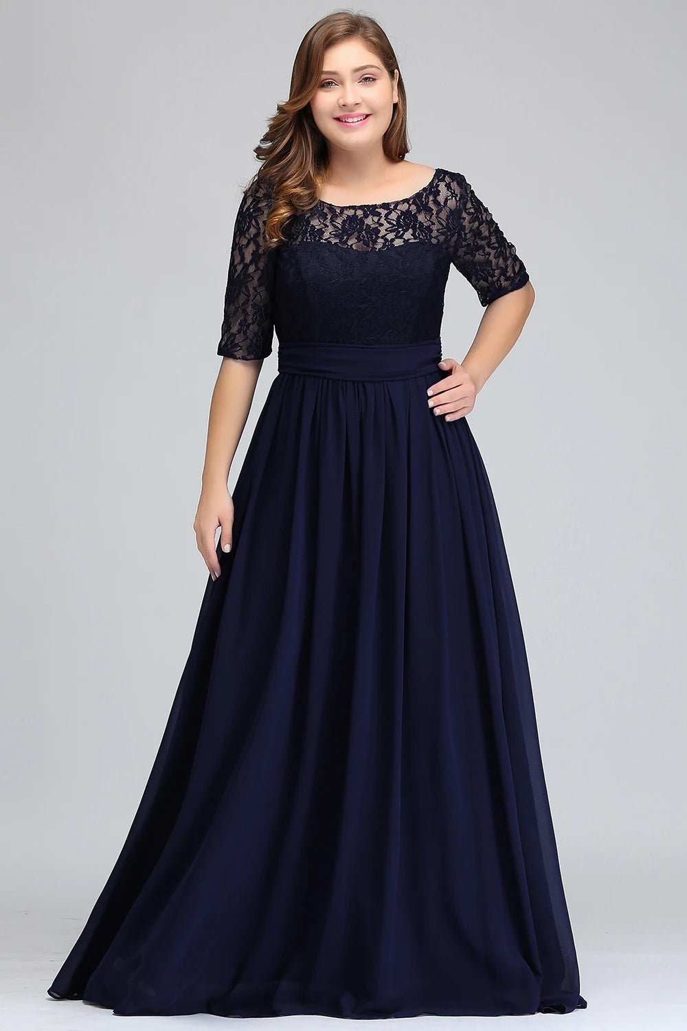 Plus Size Navy Blue Half Sleeve Bridesmaid Dress With Belt