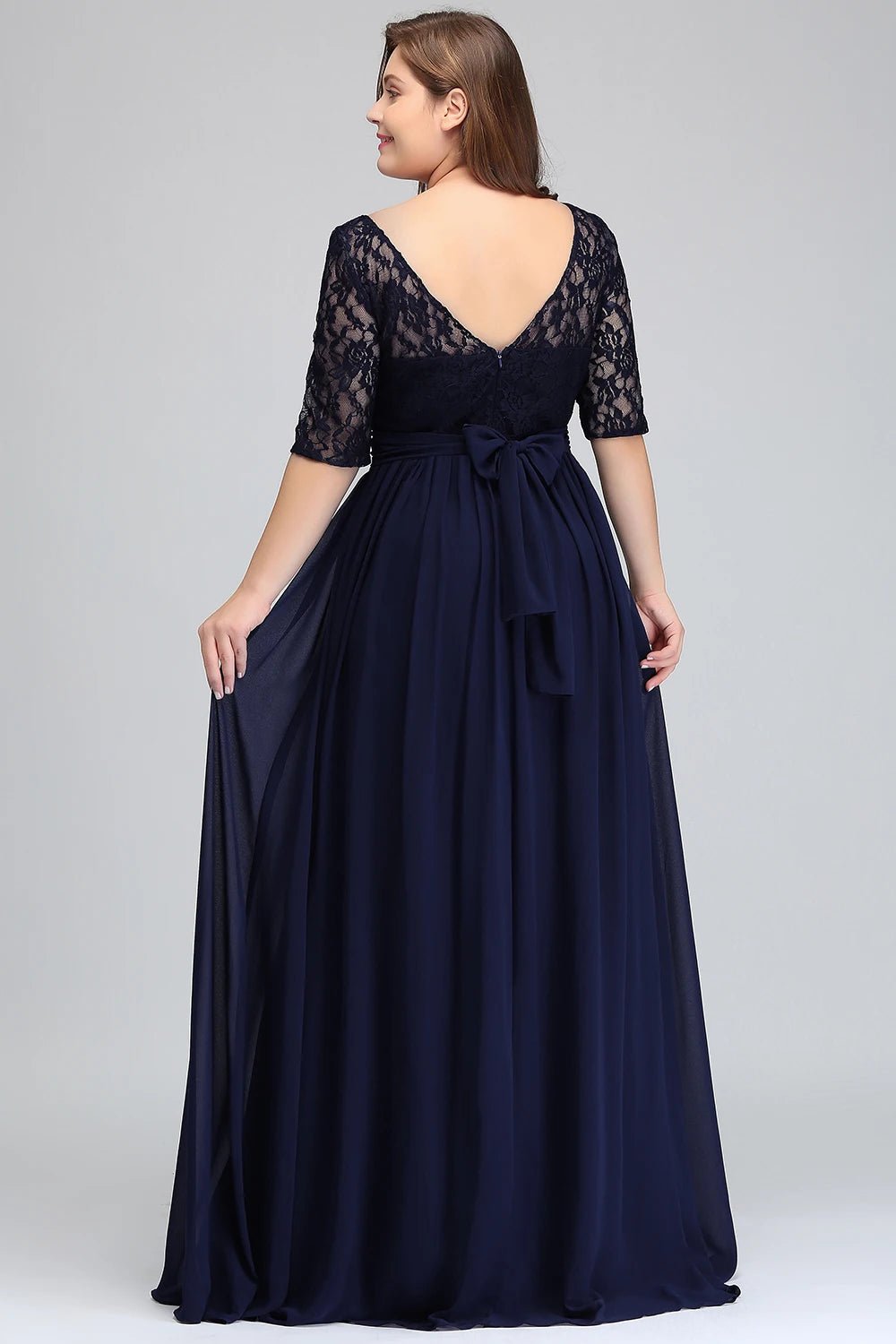 Plus Size Navy Blue Half Sleeve Bridesmaid Dress With Belt