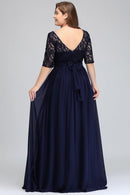 Black Plus Size Navy Blue Half Sleeve Bridesmaid Dress With Belt 2