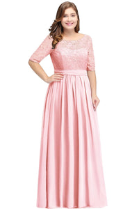 Pink Plus Size Scoop Neck 3/4 Sleeve Chiffon Bridesmaid Dress 2