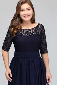 Navy Blue Plus Size Scoop Neck 3/4 Sleeve Chiffon Bridesmaid Dress 2