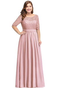 Dusty Pink Plus Size Scoop Neck 3/4 Sleeve Chiffon Bridesmaid Dress 2