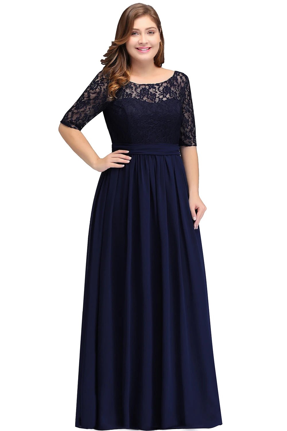 Plus Size Scoop Neck 3/4 Sleeve Chiffon Bridesmaid Dress