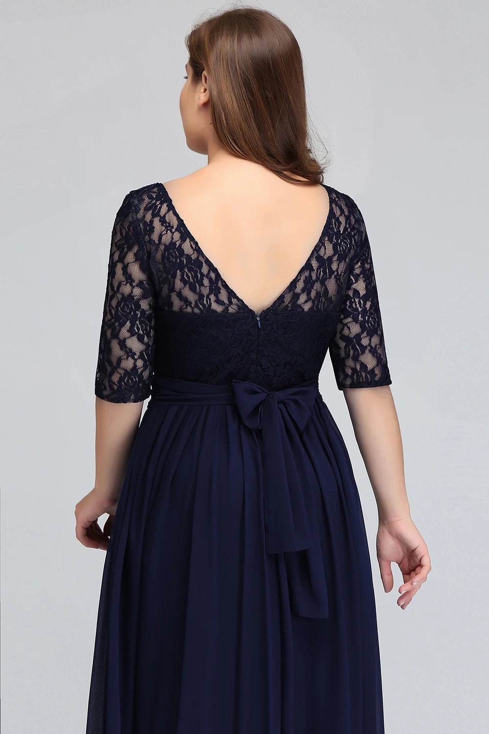 Navy Blue Plus Size Scoop Neck 3/4 Sleeve Chiffon Bridesmaid Dress 2