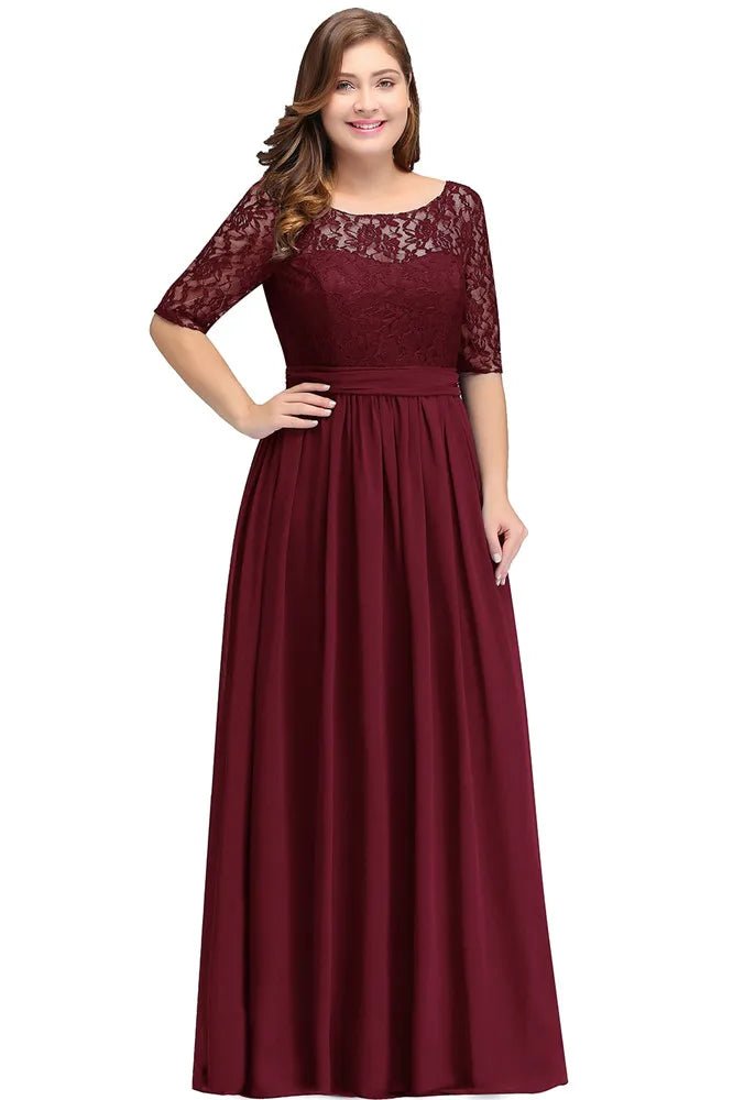 Burgundy Plus Size Scoop Neck 3/4 Sleeve Chiffon Bridesmaid Dress 2