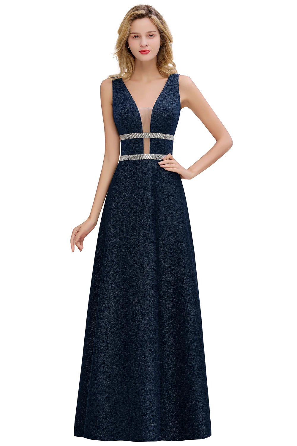 Navy Blue Sexy Glitter Backless V - Neck Bridesmaid Dress 2