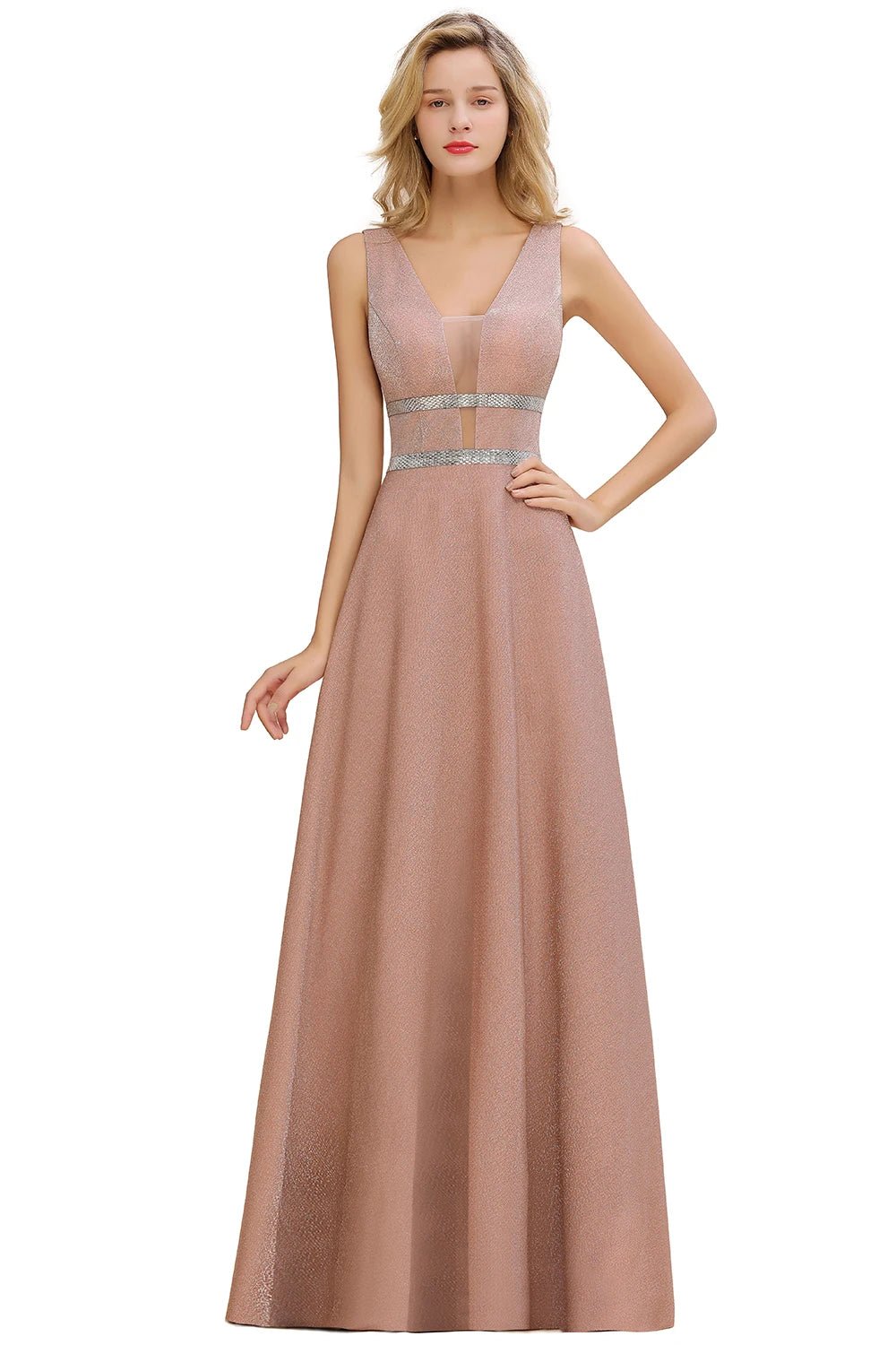 Dusty Pink Sexy Glitter Backless V - Neck Bridesmaid Dress 2