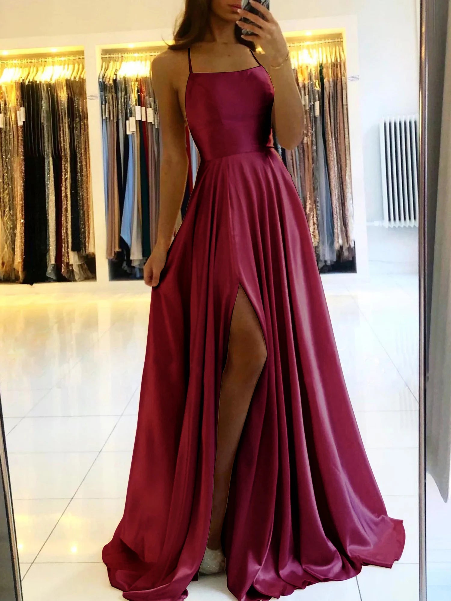 Burgundy Sexy Satin Spaghetti Strap Formal Dress 2