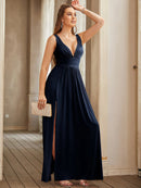 navy blue Sexy Sleeveless V - Neck Long Bridesmaid Dress 2