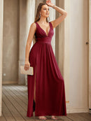 Burgundy Sexy Sleeveless V - Neck Long Bridesmaid Dress 2