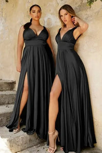 Black Sexy V - Neck Light Brown Bridesmaid Dress in Satin 2