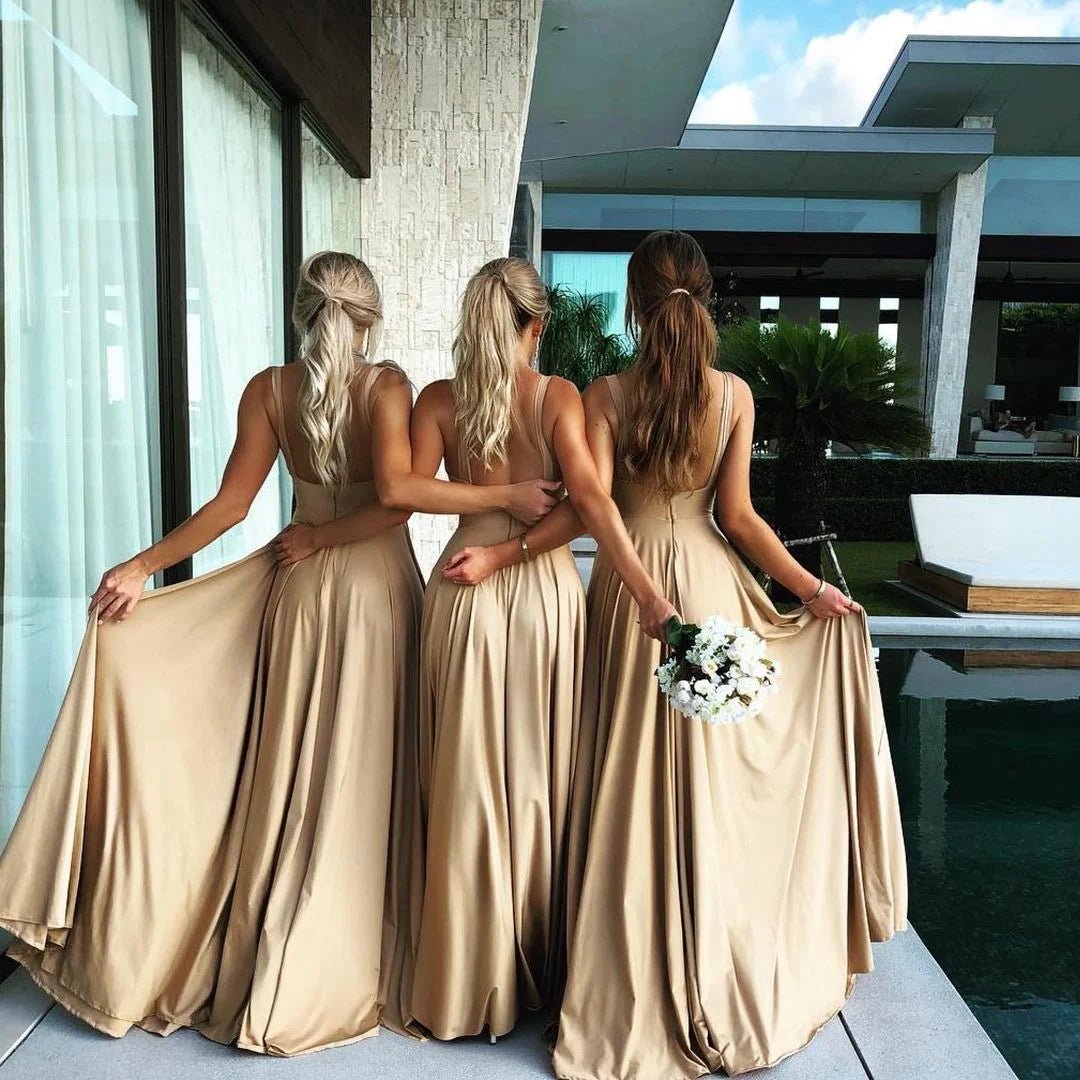 Sexy V-Neck Light Brown Bridesmaid Dress in Satin