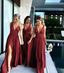 Burgundy Sexy V - Neck Light Brown Bridesmaid Dress in Satin 2