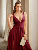 Black Sexy V - Neck Light Brown Bridesmaid Dress in Satin 2