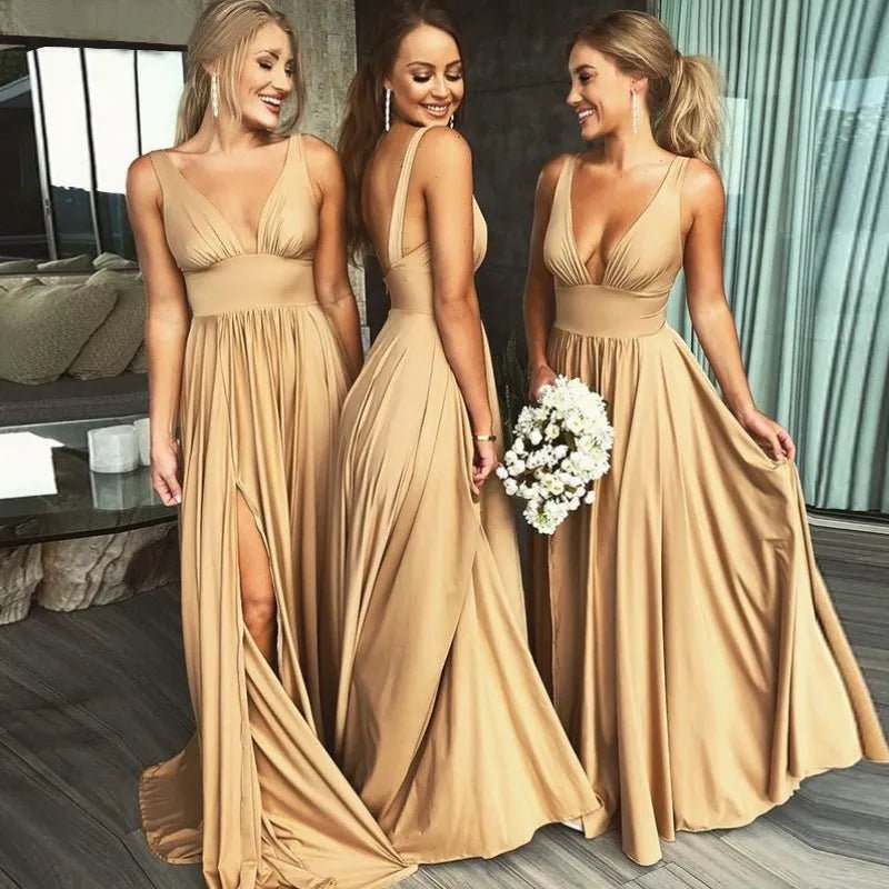 Gold Sexy V - Neck Light Brown Bridesmaid Dress in Satin 2