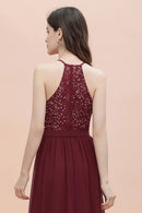 Burgundy V - Neck Sequins Long Lace Bridesmaid Dress 2