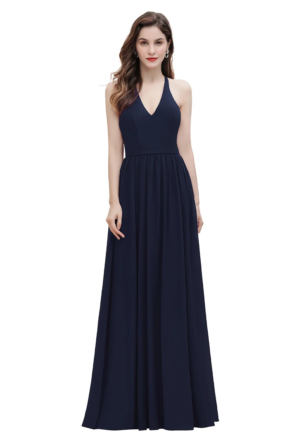 Navy Blue V - Neck Sequins Long Lace Bridesmaid Dress 2