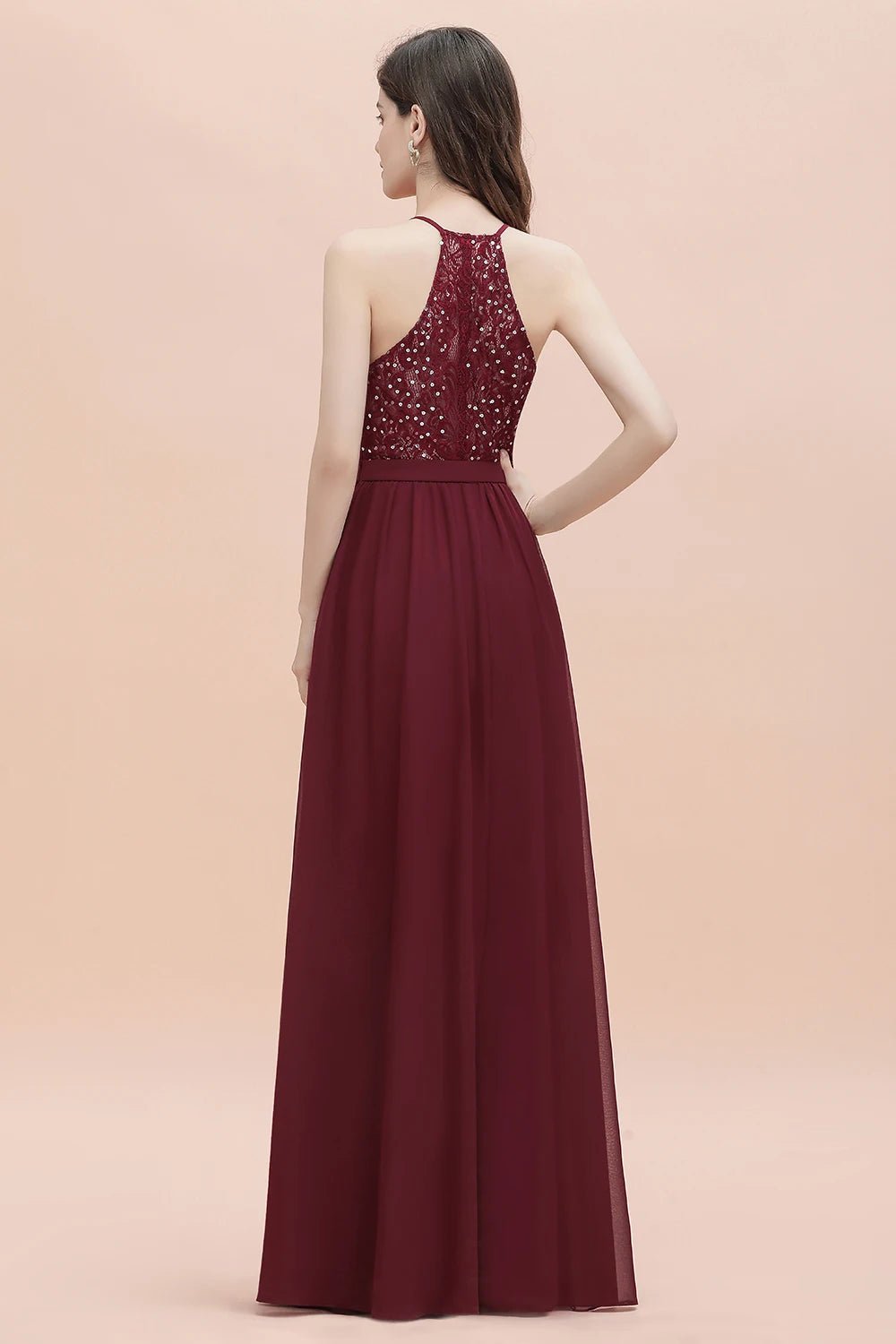 V-Neck Sequins Long Lace Bridesmaid Dress