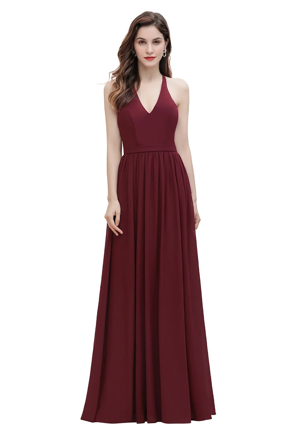 Burgundy V - Neck Sequins Long Lace Bridesmaid Dress 2