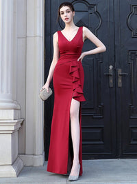 Red V - Neck Side Slit Satin Sleeveless Dress 2