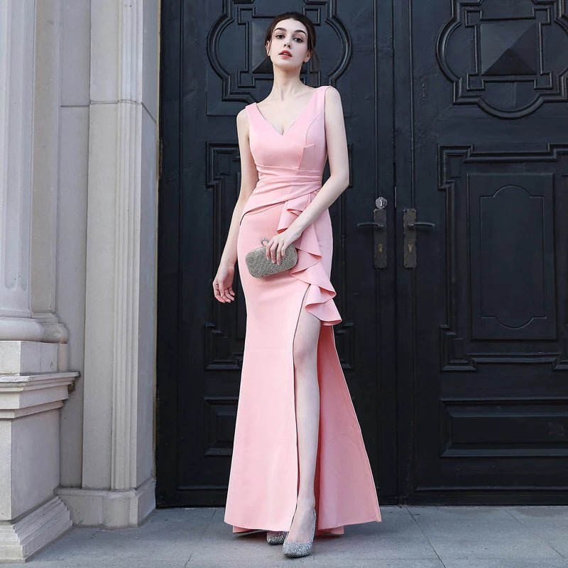 V-Neck Side Slit Satin Sleeveless Dress