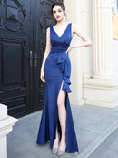 Blue V - Neck Side Slit Satin Sleeveless Dress 2