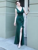 green V - Neck Side Slit Satin Sleeveless Dress 2